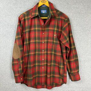 Vntg Pendleton Trail Shirt Maple Leaf Tartan Red Orange Green Plaid Elbow Patch